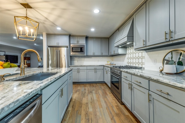 kitchen featuring premium appliances, gray cabinetry, a sink, and custom exhaust hood