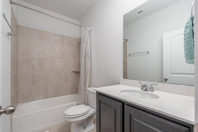 full bathroom with vanity, toilet, and shower / bath combo with shower curtain