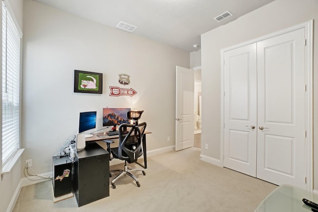 view of carpeted home office