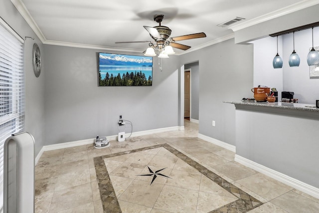 interior space featuring tile patterned flooring, crown molding, and ceiling fan