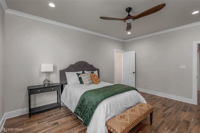 bedroom with crown molding and ceiling fan