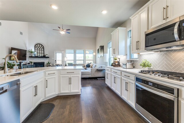 kitchen featuring white cabinetry, sink, lofted ceiling, and appliances with stainless steel finishes