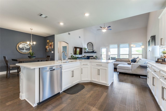 kitchen featuring sink, white cabinetry, a center island with sink, decorative light fixtures, and stainless steel dishwasher