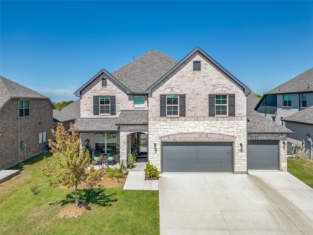 view of front of home with a garage and a front lawn