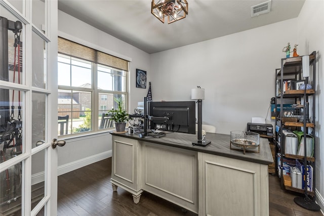 office space featuring french doors and dark hardwood / wood-style flooring