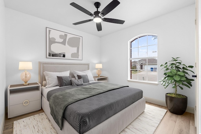 bedroom with ceiling fan and light wood-type flooring