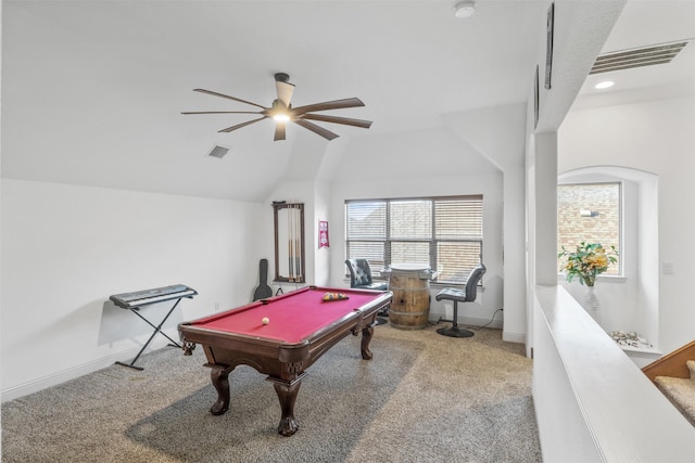 rec room featuring ceiling fan, pool table, lofted ceiling, and carpet flooring