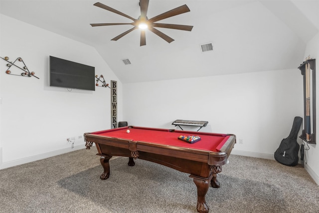 recreation room with vaulted ceiling, carpet flooring, ceiling fan, and billiards