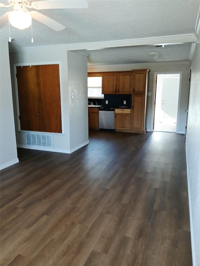 interior space featuring dishwasher, dark hardwood / wood-style flooring, and crown molding