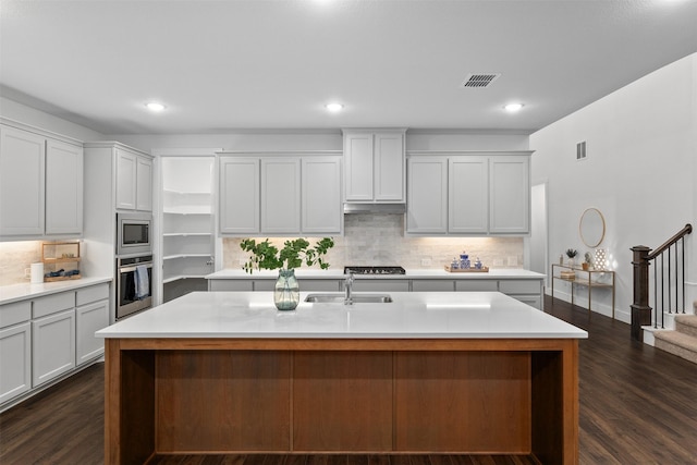 kitchen featuring tasteful backsplash, sink, stainless steel appliances, dark wood-type flooring, and a center island with sink