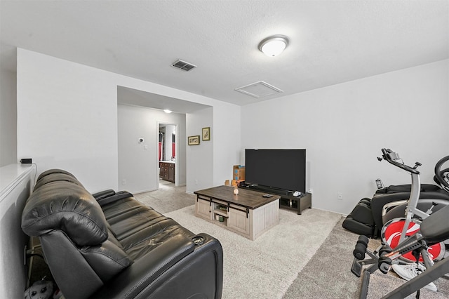 living room featuring light colored carpet and a textured ceiling