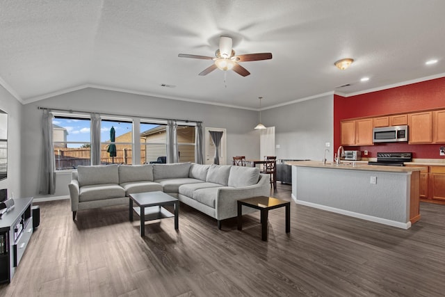 living room featuring dark hardwood / wood-style flooring, crown molding, and lofted ceiling