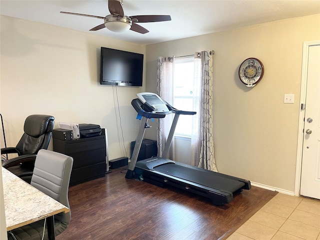 home office featuring hardwood / wood-style flooring and ceiling fan