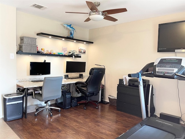 office area featuring ceiling fan and dark hardwood / wood-style flooring