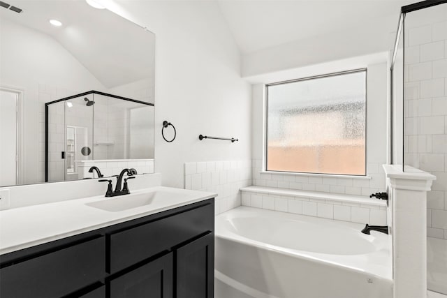 7732 Barley Fld, Joshua, TX 76058 - full bathroom featuring vaulted ceiling, a bath, a stall shower, and vanity