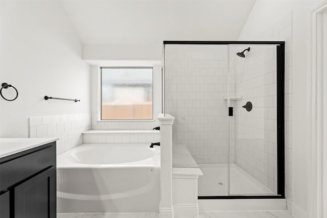 7732 Barley Fld, Joshua, TX 76058 - full bathroom with a bath, vanity, a stall shower, and marble finish floors