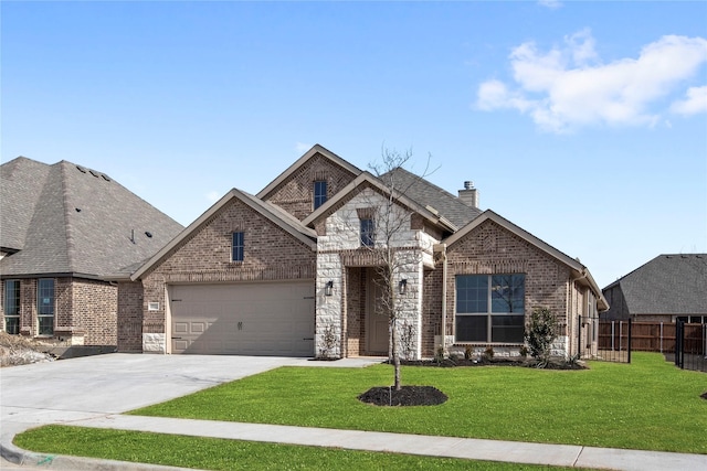 french country inspired facade with brick siding, fence, concrete driveway, a front lawn, and a chimney