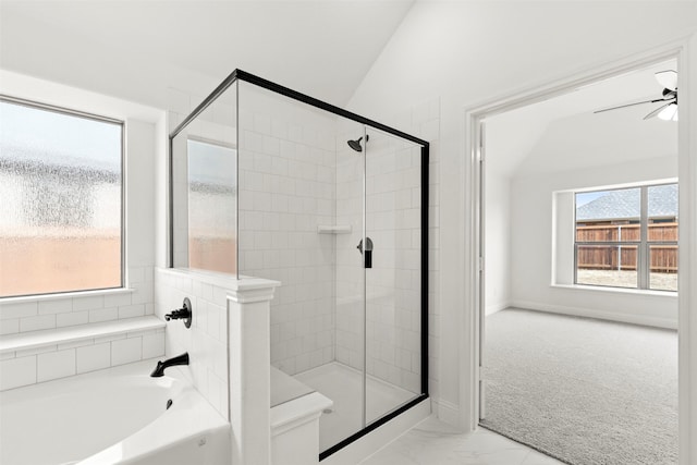 7732 Barley Fld, Joshua, TX 76058 - full bath featuring a bath, a shower stall, marble look tiles, a ceiling fan, and baseboards