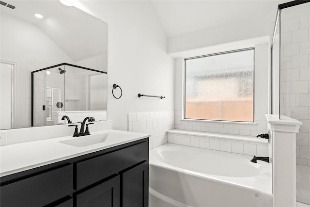 7732 Barley Fld, Joshua, TX 76058 - full bath with lofted ceiling, a bath, a shower stall, and vanity