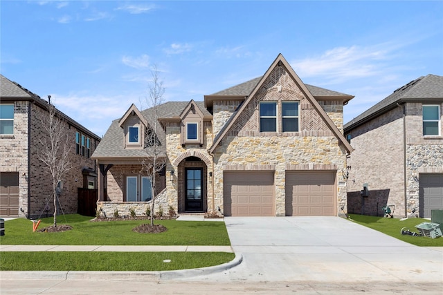 french provincial home with roof with shingles, a front lawn, concrete driveway, a garage, and stone siding