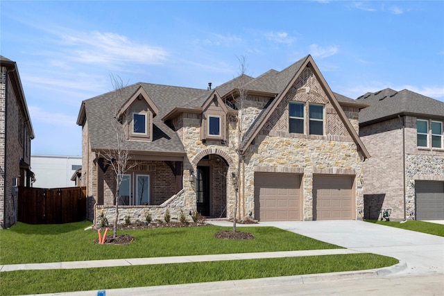 french country style house featuring fence, roof with shingles, concrete driveway, a front lawn, and stone siding