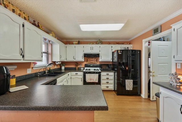 kitchen featuring ornamental molding, kitchen peninsula, sink, and black appliances