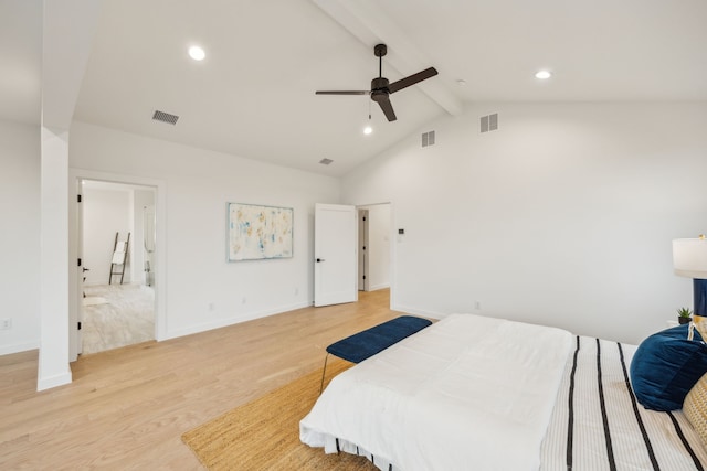 bedroom with ceiling fan, high vaulted ceiling, beam ceiling, and light hardwood / wood-style flooring