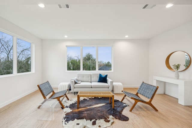 living room with a healthy amount of sunlight and light hardwood / wood-style flooring