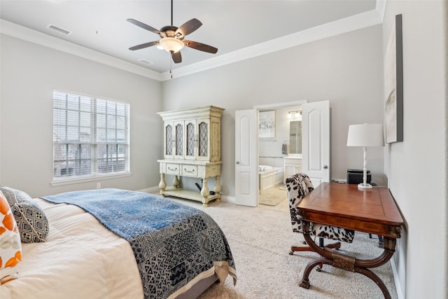 bedroom with crown molding, carpet, connected bathroom, and ceiling fan