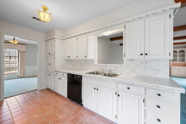 kitchen featuring sink, white cabinetry, light carpet, dishwasher, and backsplash