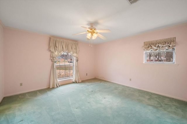 unfurnished room featuring crown molding, ceiling fan, and carpet