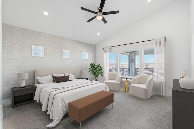 bedroom featuring ceiling fan, carpet flooring, and high vaulted ceiling