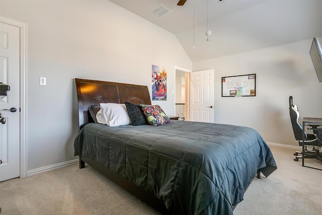 carpeted bedroom featuring vaulted ceiling and ceiling fan