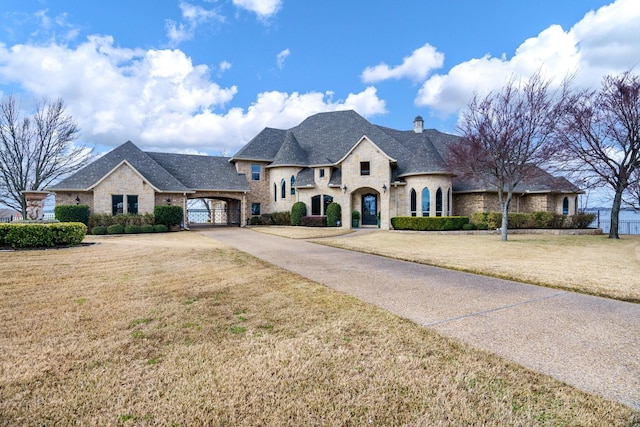 french country inspired facade with a carport and a front yard