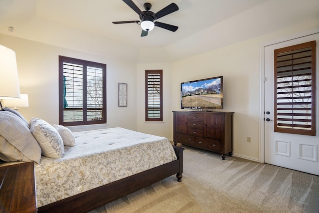 bedroom with light colored carpet and ceiling fan