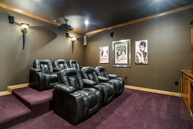 cinema room featuring crown molding and carpet