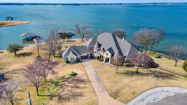 aerial view featuring a water view