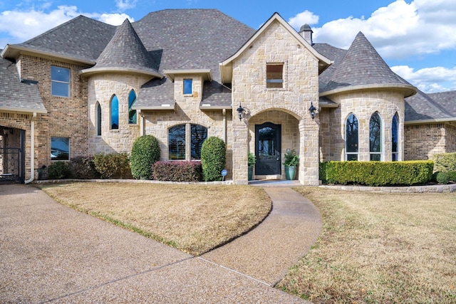 french provincial home with a front yard