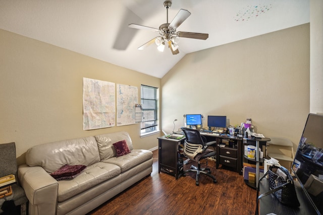 office area with dark wood-type flooring, ceiling fan, and vaulted ceiling