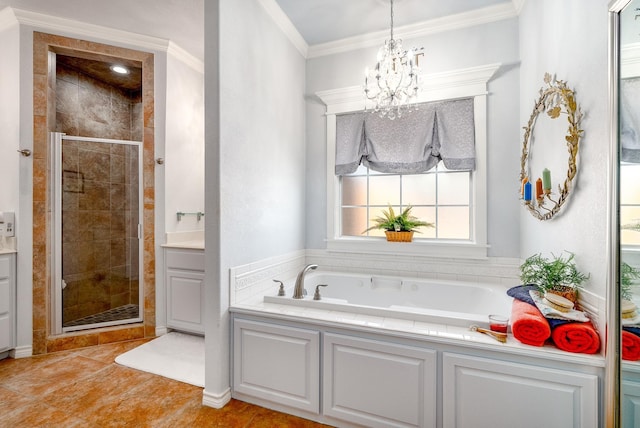 bathroom with crown molding, tile patterned floors, separate shower and tub, and a chandelier