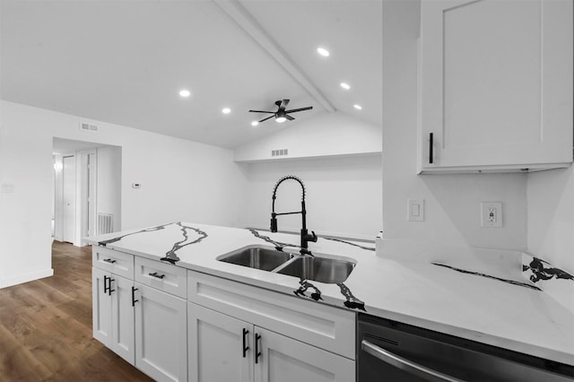 kitchen featuring lofted ceiling with beams, dishwasher, sink, white cabinets, and dark hardwood / wood-style flooring