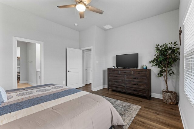 bedroom with wood-type flooring, lofted ceiling, and ceiling fan