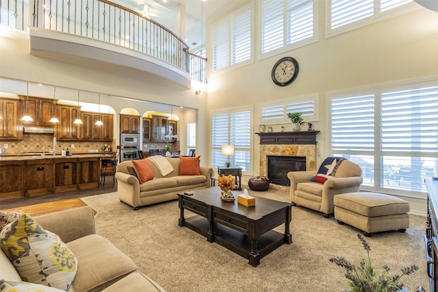 living room with a fireplace