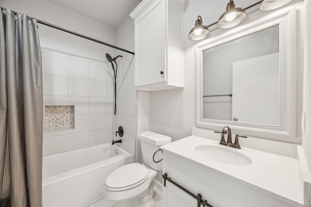 full bathroom with shower / tub combo, vanity, and toilet