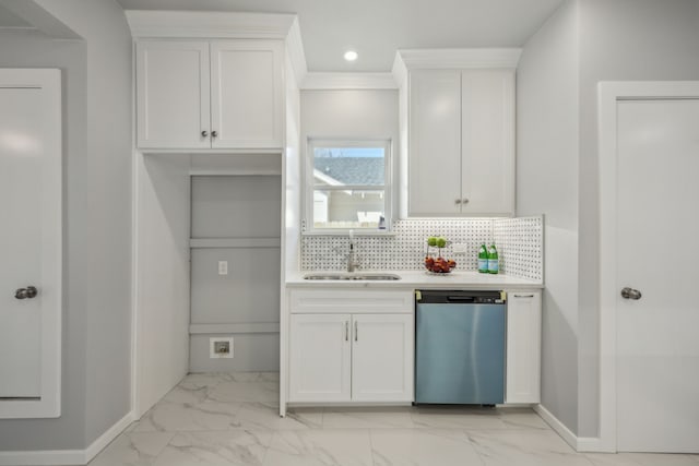 kitchen featuring white cabinetry, sink, decorative backsplash, and dishwasher