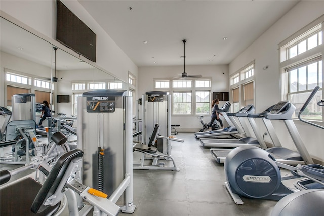 gym featuring ceiling fan