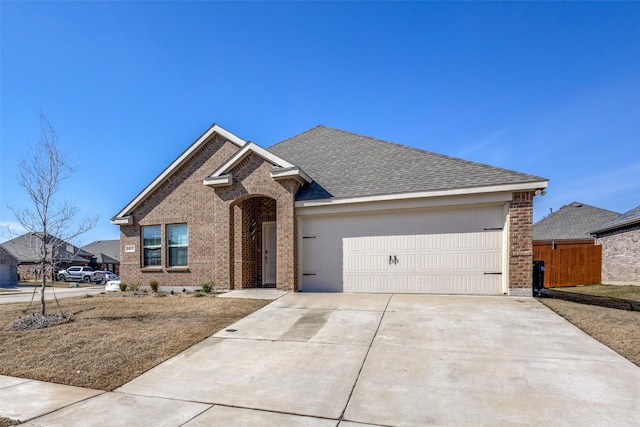 single story home with a garage, concrete driveway, brick siding, and a shingled roof