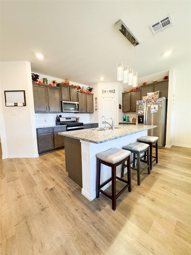 kitchen featuring sink, a breakfast bar area, a center island with sink, appliances with stainless steel finishes, and pendant lighting