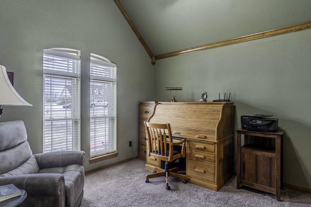 office space with ornamental molding, lofted ceiling, and carpet floors