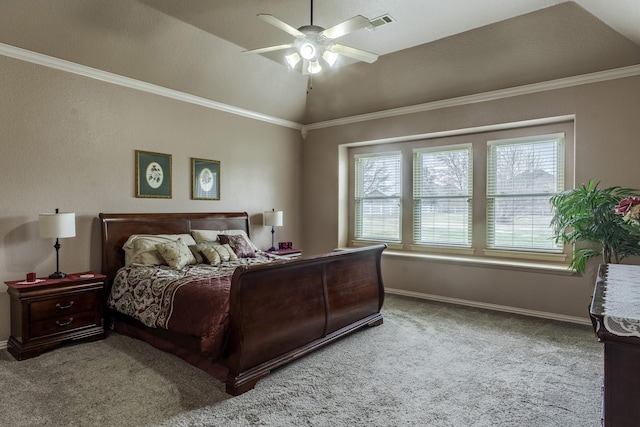 bedroom with ornamental molding, lofted ceiling, carpet flooring, and ceiling fan